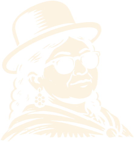 Ilustración de la cholita de Qumt'asim con sombrero bombín y lentes de sol